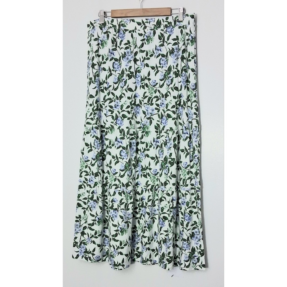 Denim & Co. Maxi Skirt Women's LP Petite White Blue Floral Linen Blend Tiered‎
